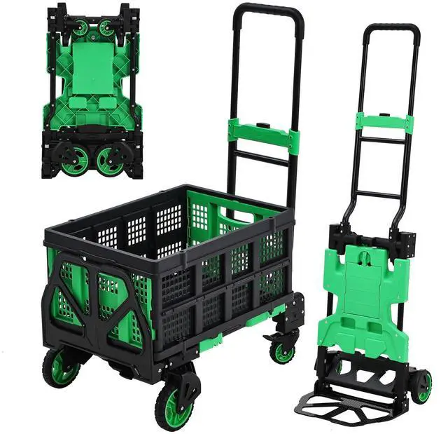 Main image of Folding Hand Truck, 330 LB Heavy Duty Dolly Cart with Foldable Basket, Foldable Hand Truck with Bungee Rope, Rubber Wheels and Retractable Handle for Luggage, Travel, Moving, Office, Green