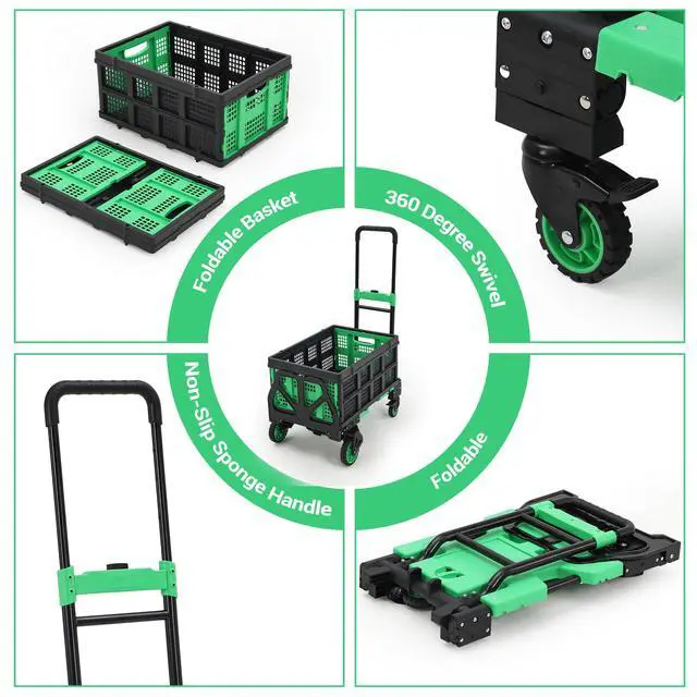 Alt view image 2 of 6 - Folding Hand Truck, 330 LB Heavy Duty Dolly Cart with Foldable Basket, Foldable Hand Truck with Bungee Rope, Rubber Wheels and Retractable Handle for Luggage, Travel, Moving, Office, Green
