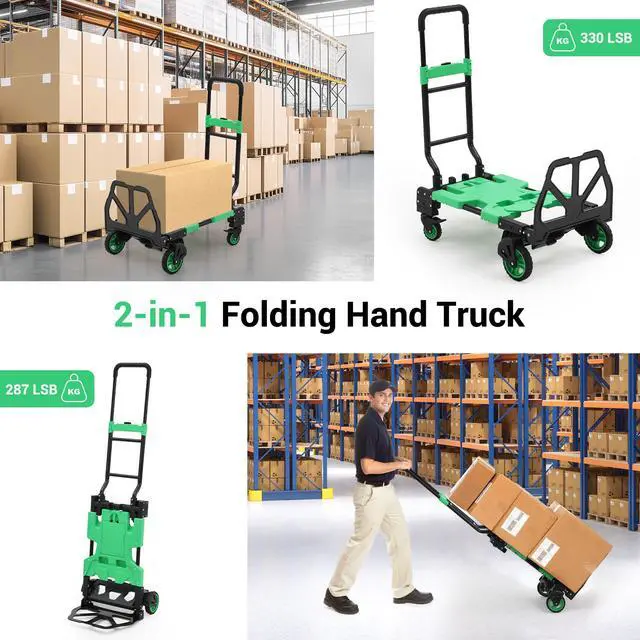 Alt view image 3 of 6 - Folding Hand Truck, 330 LB Heavy Duty Dolly Cart with Foldable Basket, Foldable Hand Truck with Bungee Rope, Rubber Wheels and Retractable Handle for Luggage, Travel, Moving, Office, Green