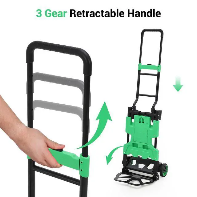 Alt view image 4 of 6 - Folding Hand Truck, 330 LB Heavy Duty Dolly Cart with Foldable Basket, Foldable Hand Truck with Bungee Rope, Rubber Wheels and Retractable Handle for Luggage, Travel, Moving, Office, Green