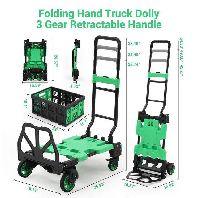 Alt view image 5 of 6 - Folding Hand Truck, 330 LB Heavy Duty Dolly Cart with Foldable Basket, Foldable Hand Truck with Bungee Rope, Rubber Wheels and Retractable Handle for Luggage, Travel, Moving, Office, Green