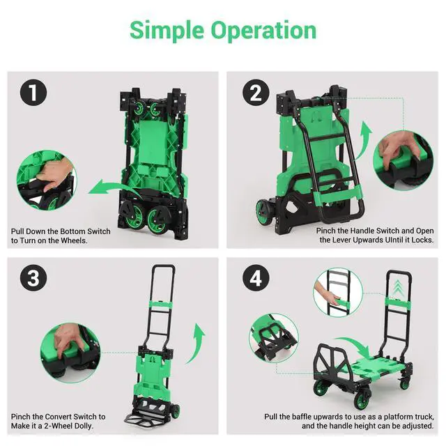 Alt view image 6 of 6 - Folding Hand Truck, 330 LB Heavy Duty Dolly Cart with Foldable Basket, Foldable Hand Truck with Bungee Rope, Rubber Wheels and Retractable Handle for Luggage, Travel, Moving, Office, Green