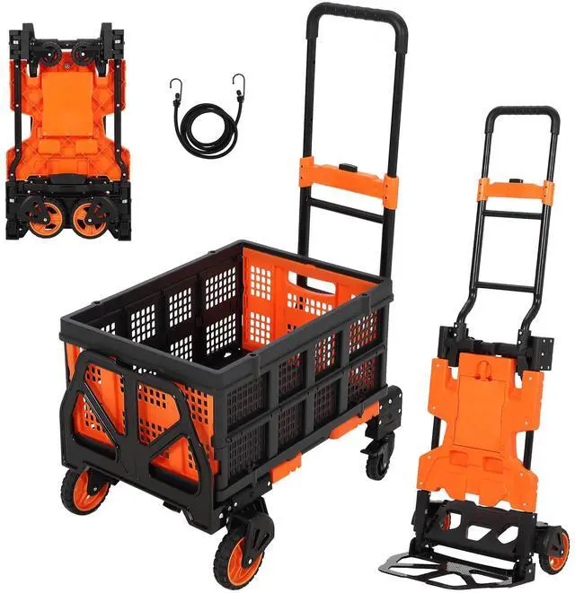 Main image of Folding Hand Truck, 330 LB Heavy Duty Dolly Cart with Foldable Basket, Foldable Hand Truck with Bungee Rope, Rubber Wheels and Retractable Handle for Luggage, Travel, Moving, Office