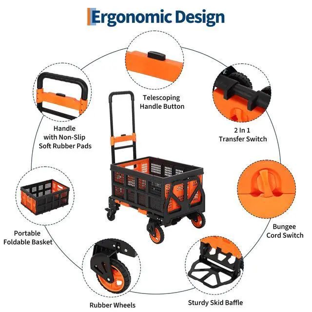 Alt view image 2 of 6 - Folding Hand Truck, 330 LB Heavy Duty Dolly Cart with Foldable Basket, Foldable Hand Truck with Bungee Rope, Rubber Wheels and Retractable Handle for Luggage, Travel, Moving, Office