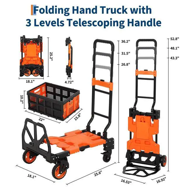 Alt view image 3 of 6 - Folding Hand Truck, 330 LB Heavy Duty Dolly Cart with Foldable Basket, Foldable Hand Truck with Bungee Rope, Rubber Wheels and Retractable Handle for Luggage, Travel, Moving, Office