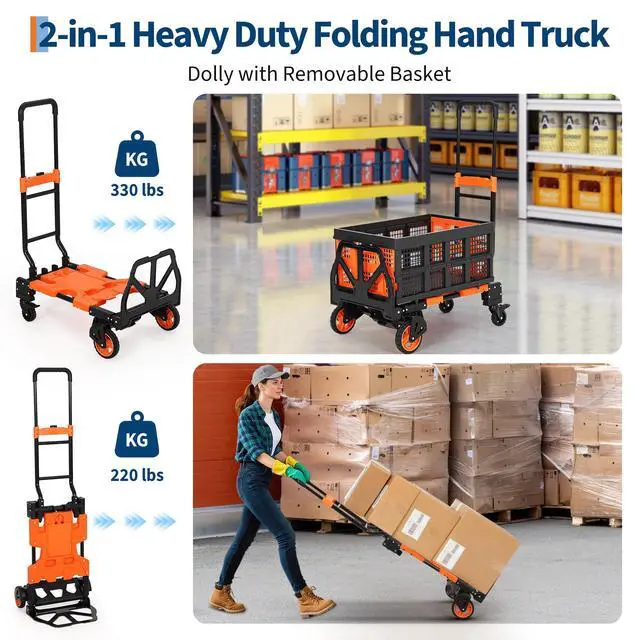 Alt view image 4 of 6 - Folding Hand Truck, 330 LB Heavy Duty Dolly Cart with Foldable Basket, Foldable Hand Truck with Bungee Rope, Rubber Wheels and Retractable Handle for Luggage, Travel, Moving, Office
