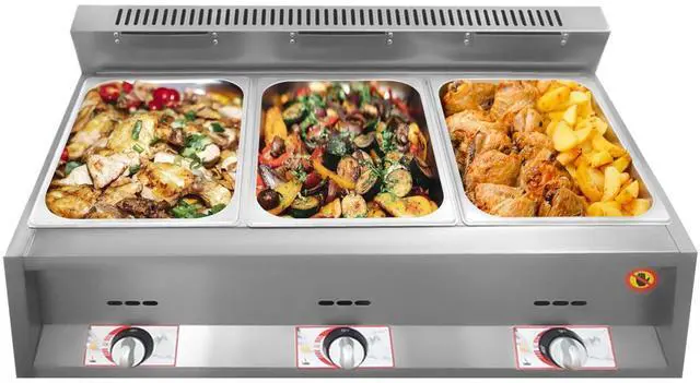 Main image of 3-Pan Commercial Food Warmer, Stainless Steel Countertop Buffet Steam Heater Gas Food Soup Warmer Adjustable Temperature Foods Heating Pot with Lid for Kitchen Restaurant Canteens Banquet Halls