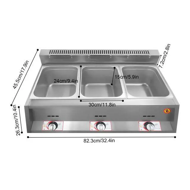 Alt view image 6 of 6 - 3-Pan Commercial Food Warmer, Stainless Steel Countertop Buffet Steam Heater Gas Food Soup Warmer Adjustable Temperature Foods Heating Pot with Lid for Kitchen Restaurant Canteens Banquet Halls