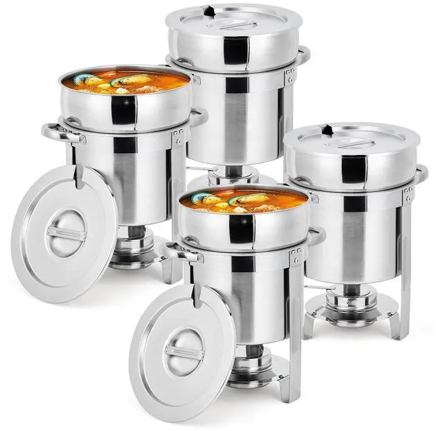 Main image of Commercial Soup Chafer 11QT Large Capacity Soup Chafer Sets of 4, Stainless Steel Round Soup Warmer w/Pot, Notched Lid & Fuel Holder, Catering Marmite for Party, Buffet, Food Service
