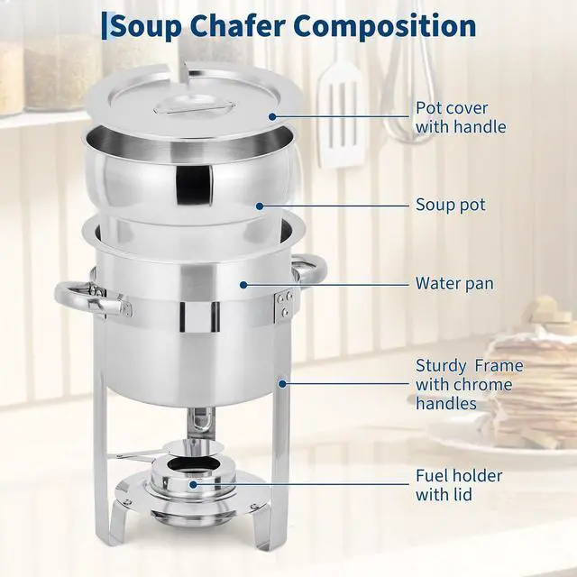 Alt view image 3 of 6 - Commercial Soup Chafer 11QT Large Capacity Soup Chafer Sets of 4, Stainless Steel Round Soup Warmer w/Pot, Notched Lid & Fuel Holder, Catering Marmite for Party, Buffet, Food Service