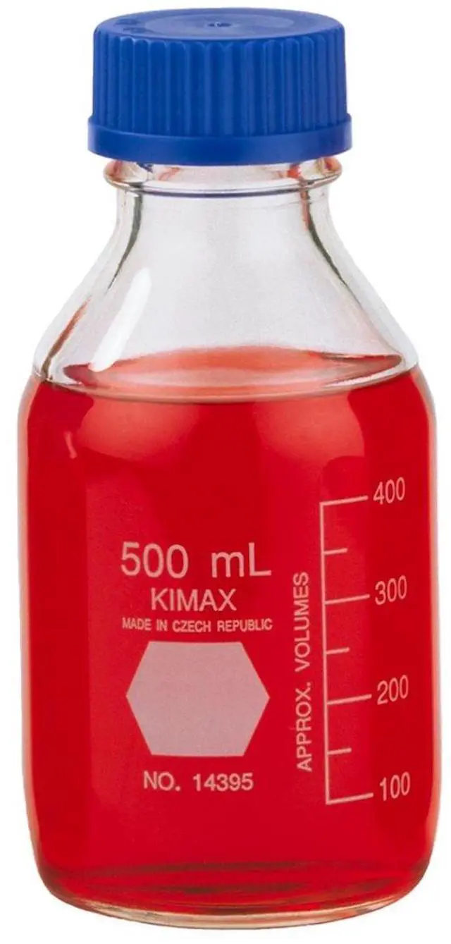 Main image of 14395-500 Borosilicate Glass GL-45 Media/Storage Bottle With Blue Polypropylene Screw Thread Cap, 500mL (Case of 10)