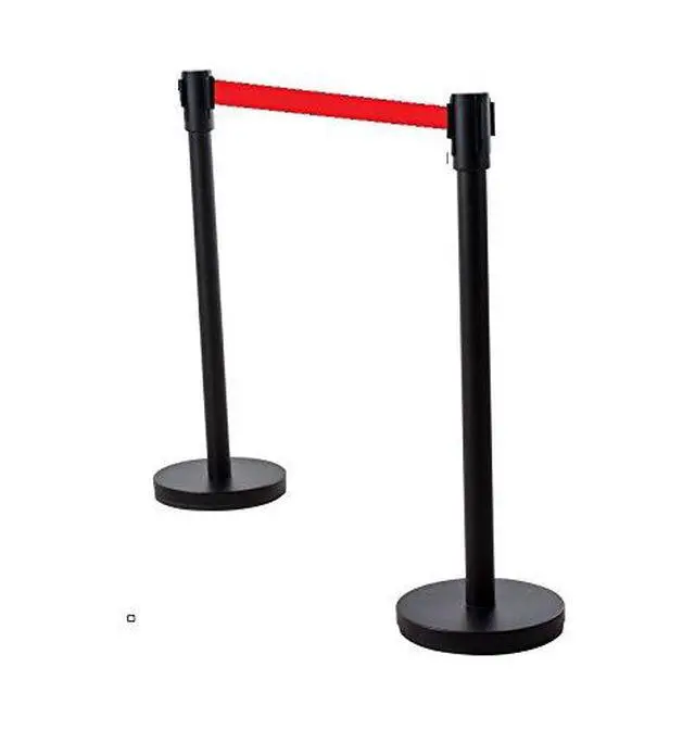 Alt view image 2 of 4 - Black Crowd Control Stanchion Queue Barrier Post RED Strap 78" Retractable 12004-10-2PK