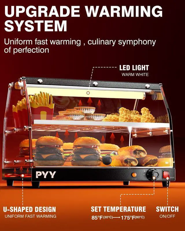 Alt view image 4 of 6 - Food Warmer Commercial Countertop - 2-Tier with LED Lighting Food Display Warmer Pastry Disaplay Case Pretzel Warmer Machine