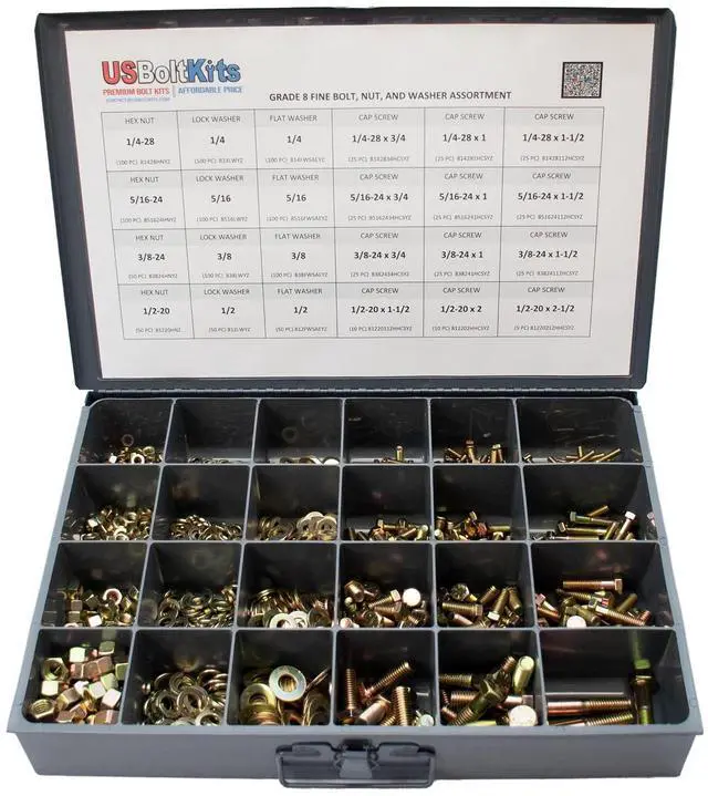 Main image of 1250 Piece Grade 8 SAE Fine Thread Hex Head Bolt, Washer, Nut Assortment