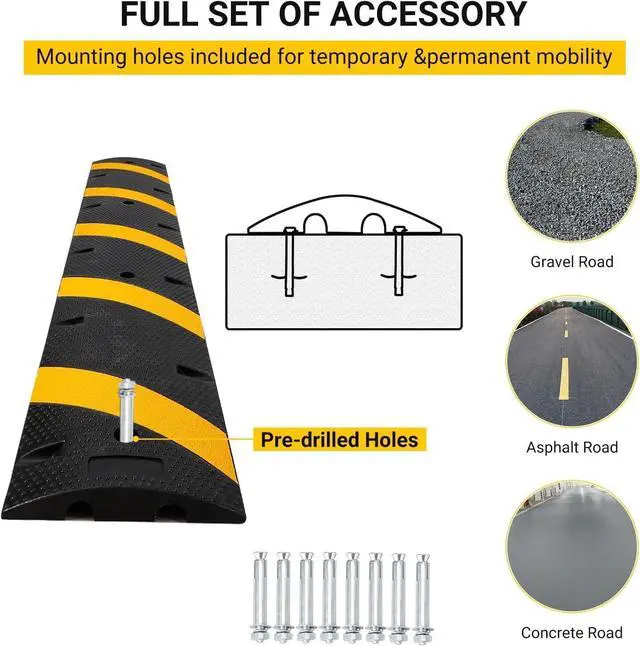 Alt view image 6 of 6 - 6FT Rubber Speed Bump, 2-Pack Speed Bumps for Road, 66000 LBS Capacity Speed Humps with 8 Bolts for Parking Lots