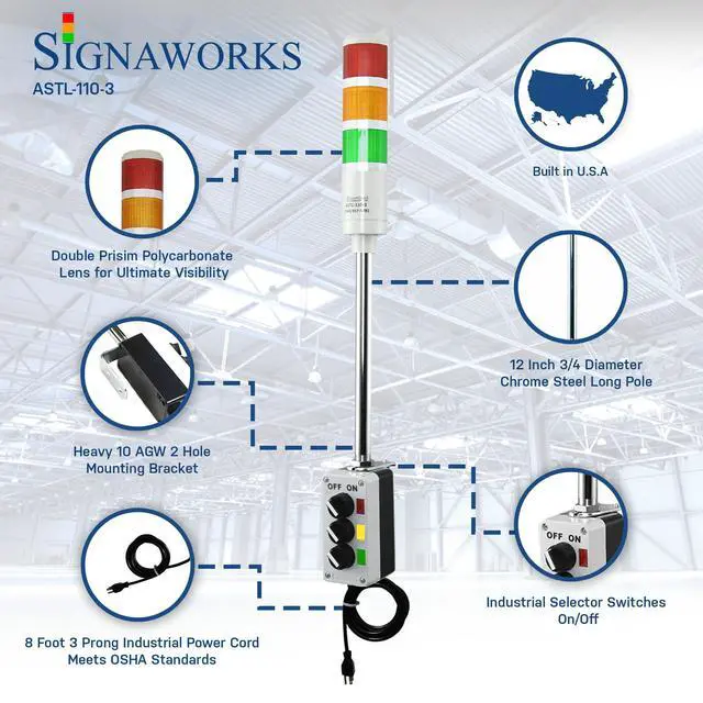 Alt view image 3 of 6 - 3 Stack Super Bright LED Andon Tower Light, Off-Steady, Red/Amber/Green, 8 ft Industrial Power Cord, Plug & Play Ready, 3 Prong Plug Meets OHSA Standard *Assembled in USA*