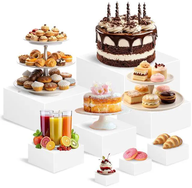 Main image of 8 Pcs Buffet Risers and Stands, Food Risers for Display Party, White Acrylic Dessert Table Display Set with Hollow Bottom for Sweets(10" 9" 8" 7" 6" 5" 4" 3")