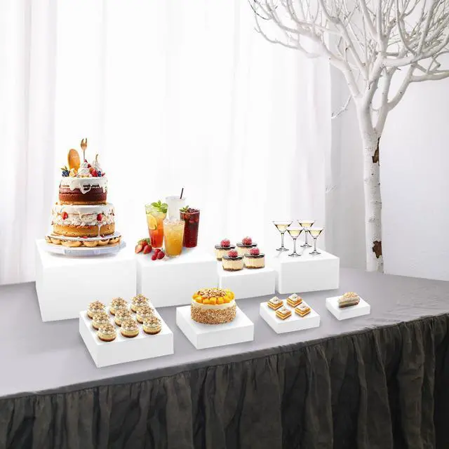 Alt view image 5 of 6 - 8 Pcs Buffet Risers and Stands, Food Risers for Display Party, White Acrylic Dessert Table Display Set with Hollow Bottom for Sweets(10" 9" 8" 7" 6" 5" 4" 3")
