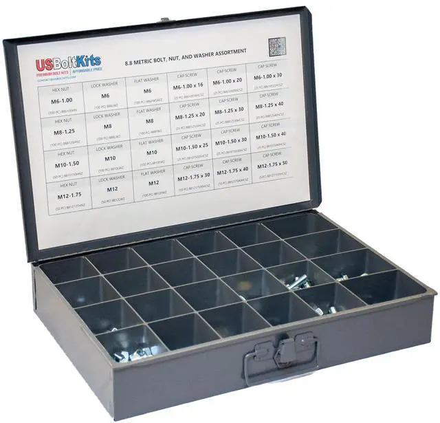 Main image of 1250 Piece Metric 8.8 Nut, Bolt, and Washer Assortment with Coarse Thread Hex Head Cap Screws, Flat and Lock Washers, Hex Nuts Kit