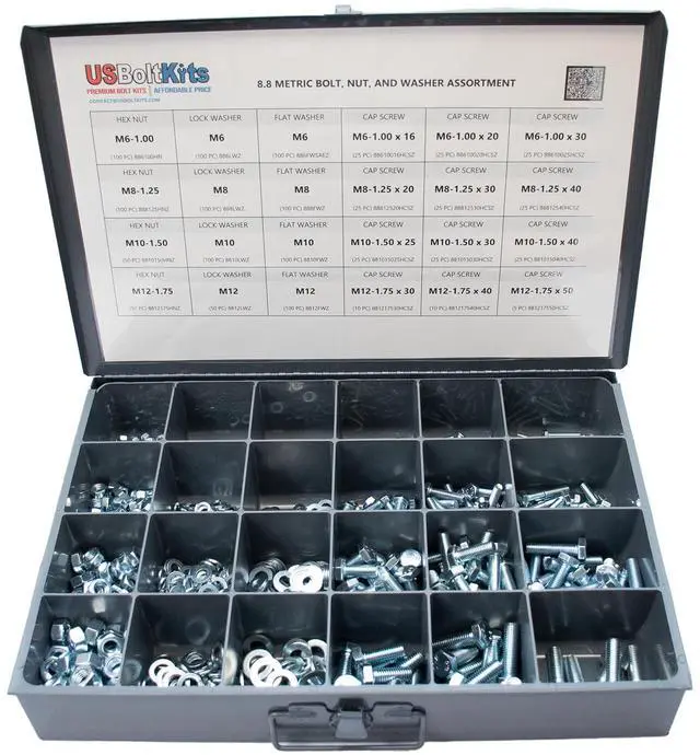 Alt view image 2 of 2 - 1250 Piece Metric 8.8 Nut, Bolt, and Washer Assortment with Coarse Thread Hex Head Cap Screws, Flat and Lock Washers, Hex Nuts Kit
