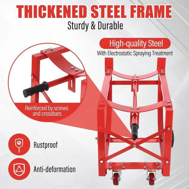 Alt view image 4 of 6 - 55 Gallon Movable Drum Cradle 600 LBS Drums Dolly Cart (Red), Transporting Various Kinds of Round Drums for Workshops, Factories, Garages, Warehouses, Stores, Docks, and Other Places