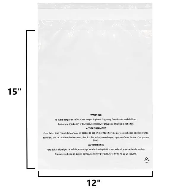Alt view image 2 of 6 - 12 x 15 (1000 Count) Self Seal Clear Poly Bags with Suffocation Warning Permanent Adhesive FBA Compliant for Packaging Clothes, Shirts and More - 1.5mil LDPE Plastic