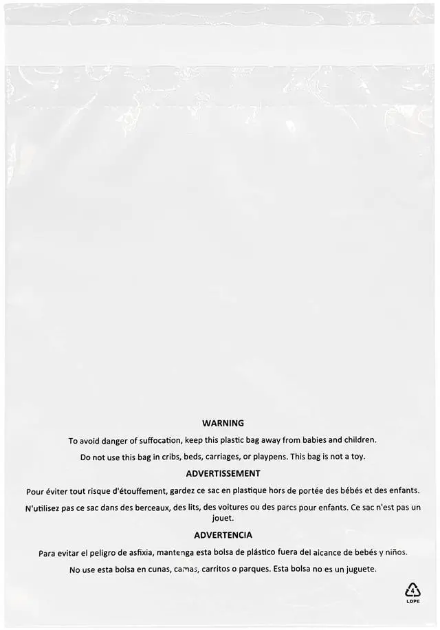 Main image of 10 x 13 (1000 Count) Self Seal Clear Poly Bags with Suffocation Warning Permanent Adhesive FBA Compliant for Packaging Clothes, Shirts and More - 1.5mil LDPE Plastic