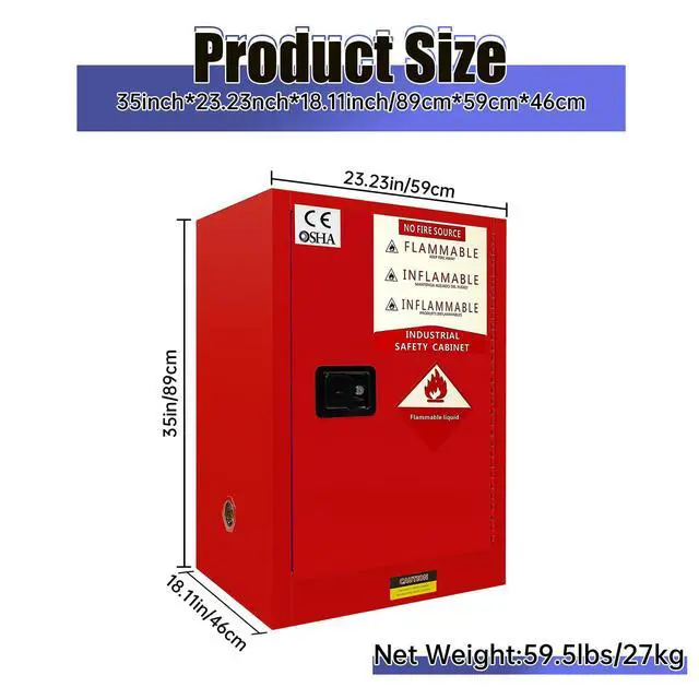 Alt view image 2 of 6 - 24 Gallons 23" x 18" x 35" Fire Cabinet, Galvanized Steel Yellow Flammable Cabinet Storage with Adjustable Shelf &Locks, Flammable Chemical Fuel Liquids Safety Cabinet (Red - 23" x 18" x 35")