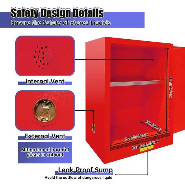 Alt view image 4 of 6 - 24 Gallons 23" x 18" x 35" Fire Cabinet, Galvanized Steel Yellow Flammable Cabinet Storage with Adjustable Shelf &Locks, Flammable Chemical Fuel Liquids Safety Cabinet (Red - 23" x 18" x 35")