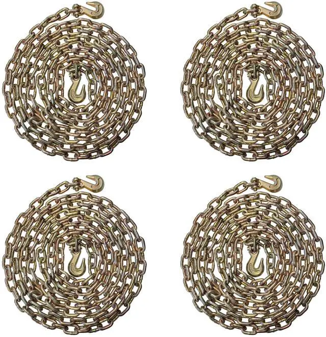 Main image of 4 Pack, 3/8 Inch x 20 FT Grade 70 Binder Chain with Clevis Grab Hooks - Heavy Duty Transport Tie Downs for Towing, Flatbed, Construction