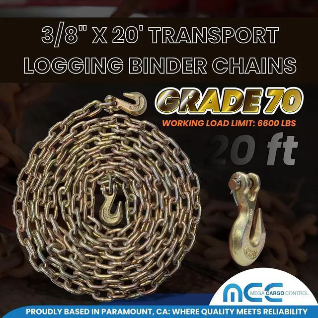 Alt view image 2 of 6 - 4 Pack, 3/8 Inch x 20 FT Grade 70 Binder Chain with Clevis Grab Hooks - Heavy Duty Transport Tie Downs for Towing, Flatbed, Construction