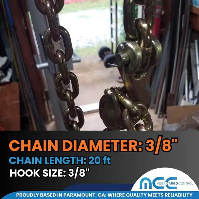 Alt view image 3 of 6 - 4 Pack, 3/8 Inch x 20 FT Grade 70 Binder Chain with Clevis Grab Hooks - Heavy Duty Transport Tie Downs for Towing, Flatbed, Construction