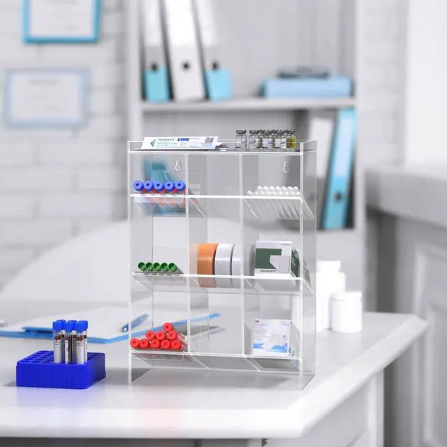 Alt view image 2 of 6 - Tube Rack Clear Acrylic 9 Compartment 11.5"W x 5.5"D x 16"H Wall Mount with Hanging Hardware or Countertop Clinics Hospitals Food Industry and Pharmaceutical by