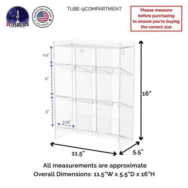 Alt view image 3 of 6 - Tube Rack Clear Acrylic 9 Compartment 11.5"W x 5.5"D x 16"H Wall Mount with Hanging Hardware or Countertop Clinics Hospitals Food Industry and Pharmaceutical by