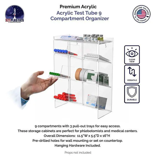 Alt view image 4 of 6 - Tube Rack Clear Acrylic 9 Compartment 11.5"W x 5.5"D x 16"H Wall Mount with Hanging Hardware or Countertop Clinics Hospitals Food Industry and Pharmaceutical by