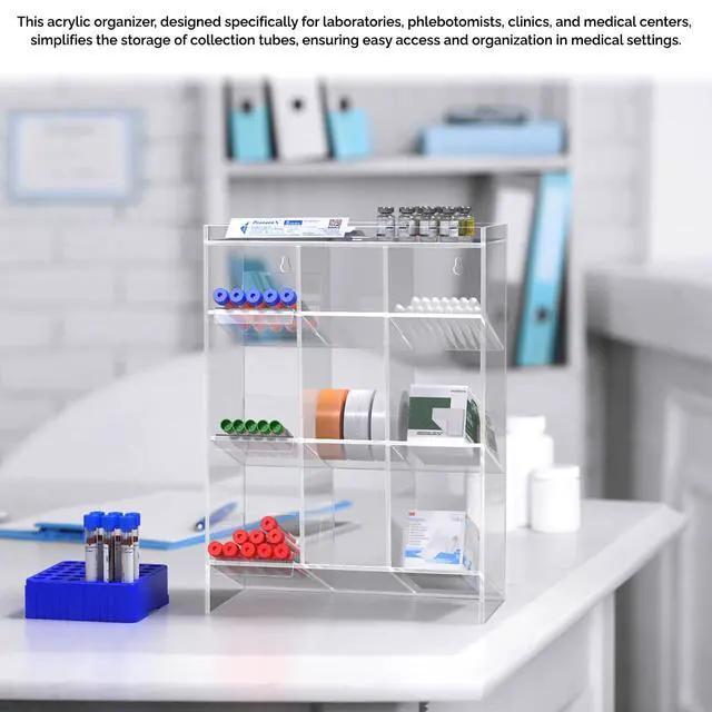 Alt view image 5 of 6 - Tube Rack Clear Acrylic 9 Compartment 11.5"W x 5.5"D x 16"H Wall Mount with Hanging Hardware or Countertop Clinics Hospitals Food Industry and Pharmaceutical by