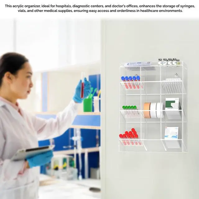 Alt view image 6 of 6 - Tube Rack Clear Acrylic 9 Compartment 11.5"W x 5.5"D x 16"H Wall Mount with Hanging Hardware or Countertop Clinics Hospitals Food Industry and Pharmaceutical by