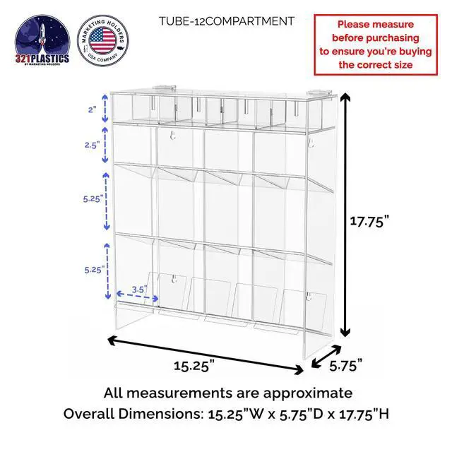 Alt view image 3 of 6 - Tube Rack Clear Acrylic 12 Compartment 15.25" x 17.75" Wall Mount with Hanging Hardware or Countertop Clinics Hospitals Food Industry and Pharmaceutical Easy Access Lightweight by