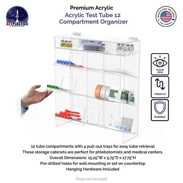 Alt view image 4 of 6 - Tube Rack Clear Acrylic 12 Compartment 15.25" x 17.75" Wall Mount with Hanging Hardware or Countertop Clinics Hospitals Food Industry and Pharmaceutical Easy Access Lightweight by