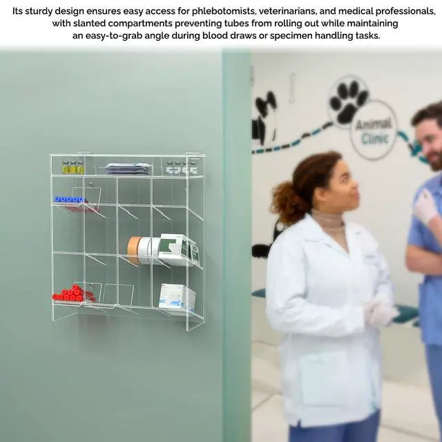 Alt view image 6 of 6 - Tube Rack Clear Acrylic 12 Compartment 15.25" x 17.75" Wall Mount with Hanging Hardware or Countertop Clinics Hospitals Food Industry and Pharmaceutical Easy Access Lightweight by