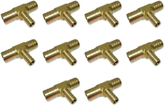 Main image of 3/4" X 3/4" X 1/2" Hose ID Brass Hose Barb TEE SPLICER Fitting Fuel/AIR/Water/Oil/Gas/WOG (Qty 10)