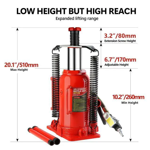 Alt view image 3 of 6 - 20 Ton Air Hydraulic Bottle Jack with Manual Hand Pump, Heavy Duty Auto Truck Travel Trailer Repair Lift for Pickup Truck, RV, Auto Repair, Industrial Engineering and Heavy Equipment (Red)