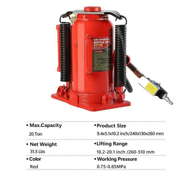 Alt view image 4 of 6 - 20 Ton Air Hydraulic Bottle Jack with Manual Hand Pump, Heavy Duty Auto Truck Travel Trailer Repair Lift for Pickup Truck, RV, Auto Repair, Industrial Engineering and Heavy Equipment (Red)