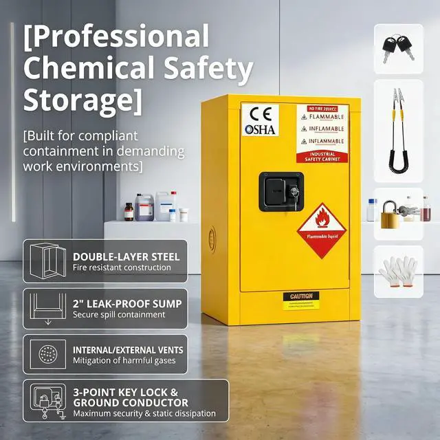 Alt view image 2 of 6 - 12 Gallon Flammable Storage Cabinet, 18''x18''x23'' Flammable Liquid Storage Cabinet, Fire Safety Cabinet, Flammable Liquid Storage for Industrial Products and House use, Yellow 304