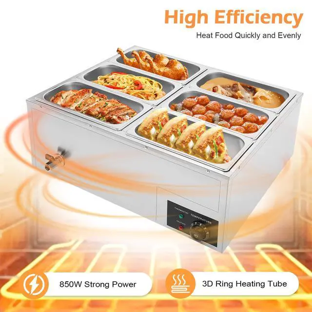 Alt view image 2 of 6 - 6-Pan Commercial Electric Food Warmer, 850W Stainless Steel Bain Marie Buffet Food Warmer with Lids Steam Table Stainless Steel Container Temperature Control for Catering and Restaurants