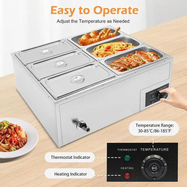 Alt view image 3 of 6 - 6-Pan Commercial Electric Food Warmer, 850W Stainless Steel Bain Marie Buffet Food Warmer with Lids Steam Table Stainless Steel Container Temperature Control for Catering and Restaurants