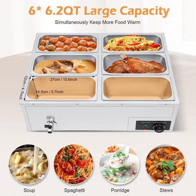 Alt view image 4 of 6 - 6-Pan Commercial Electric Food Warmer, 850W Stainless Steel Bain Marie Buffet Food Warmer with Lids Steam Table Stainless Steel Container Temperature Control for Catering and Restaurants