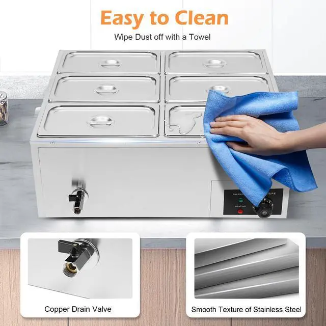 Alt view image 5 of 6 - 6-Pan Commercial Electric Food Warmer, 850W Stainless Steel Bain Marie Buffet Food Warmer with Lids Steam Table Stainless Steel Container Temperature Control for Catering and Restaurants