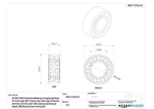 Alt view image 2 of 2 - 3307 ATN9/C3 Double Row Ball Bearing, Converging Angle Design, 30° Contact Angle, ABEC 1 Precision, Open, Plastic Cage, C3 Clearance, 35mm Bore, 80mm OD, 1 3/8" Width