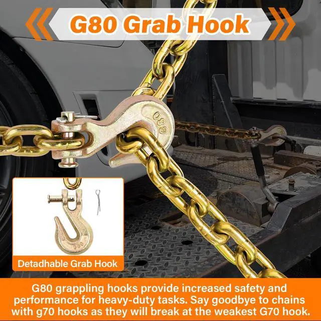 Alt view image 3 of 6 - 5/16"-3/8" Ratchet Binders and Chain Kit, 2 Pack Grade 80 Load Binder 5/16-3/8, G80 Transport Chains 3/8inch × 20 Feet with G80 Chain Hooks, 5,400lbs Working Load Chain Binder Tie Down Kit